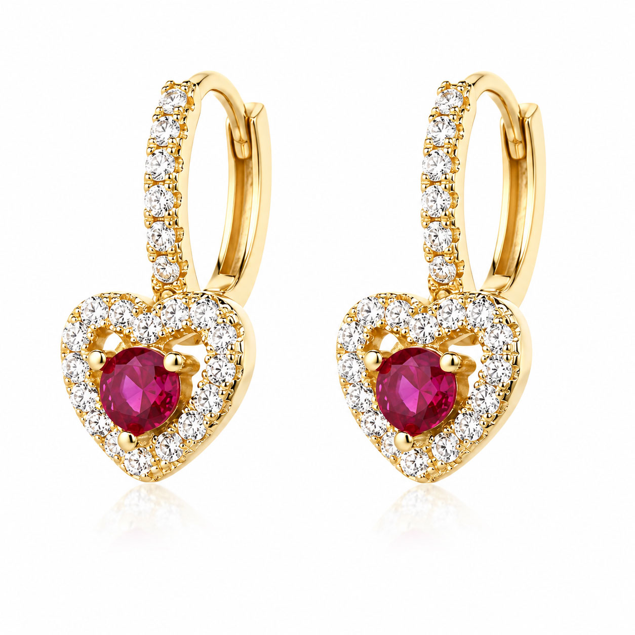 Orecchini in argento placcato oro. Cerchietto con cuore ruby # 5 - aMarty