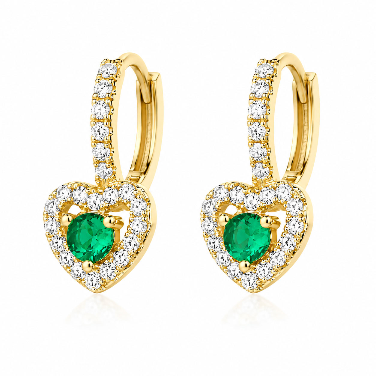 Orecchini in argento placcato oro. Cerchietto con cuore nano emerald - aMarty