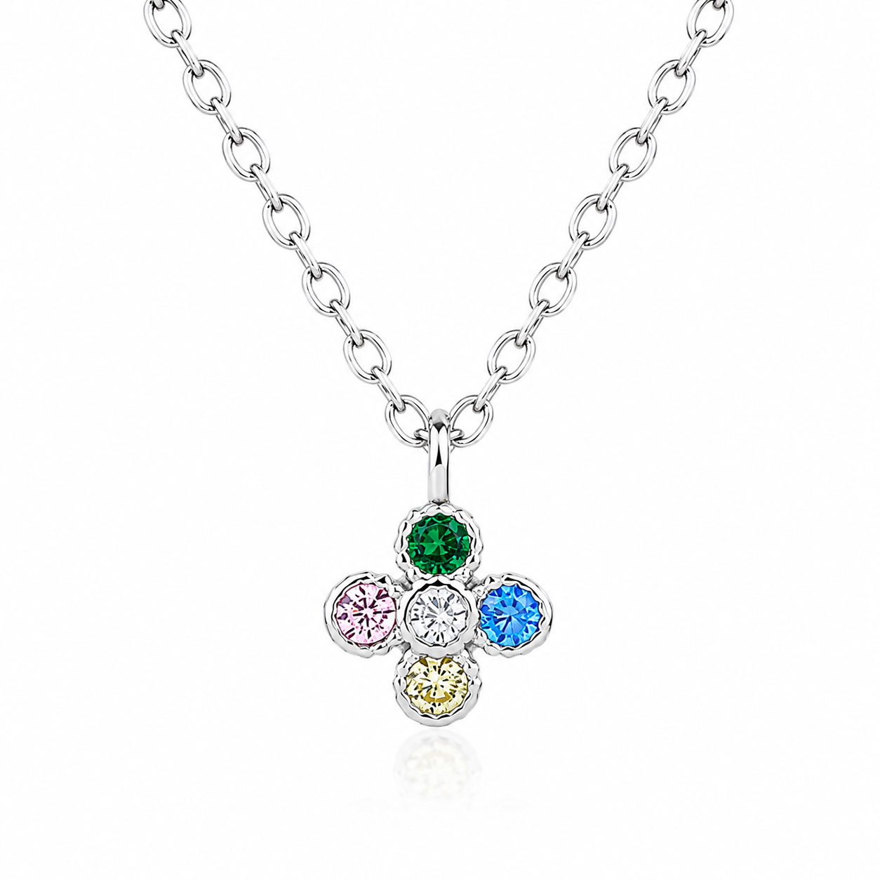 Collana in argento rodiato. Pendente fiore con zirconi multicolor - aMarty